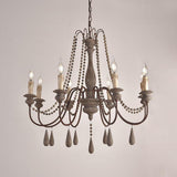 Antique White Wood Bead Chandelier 6 Light Rustic Farmhouse Candle Style Ceiling Pendant Light