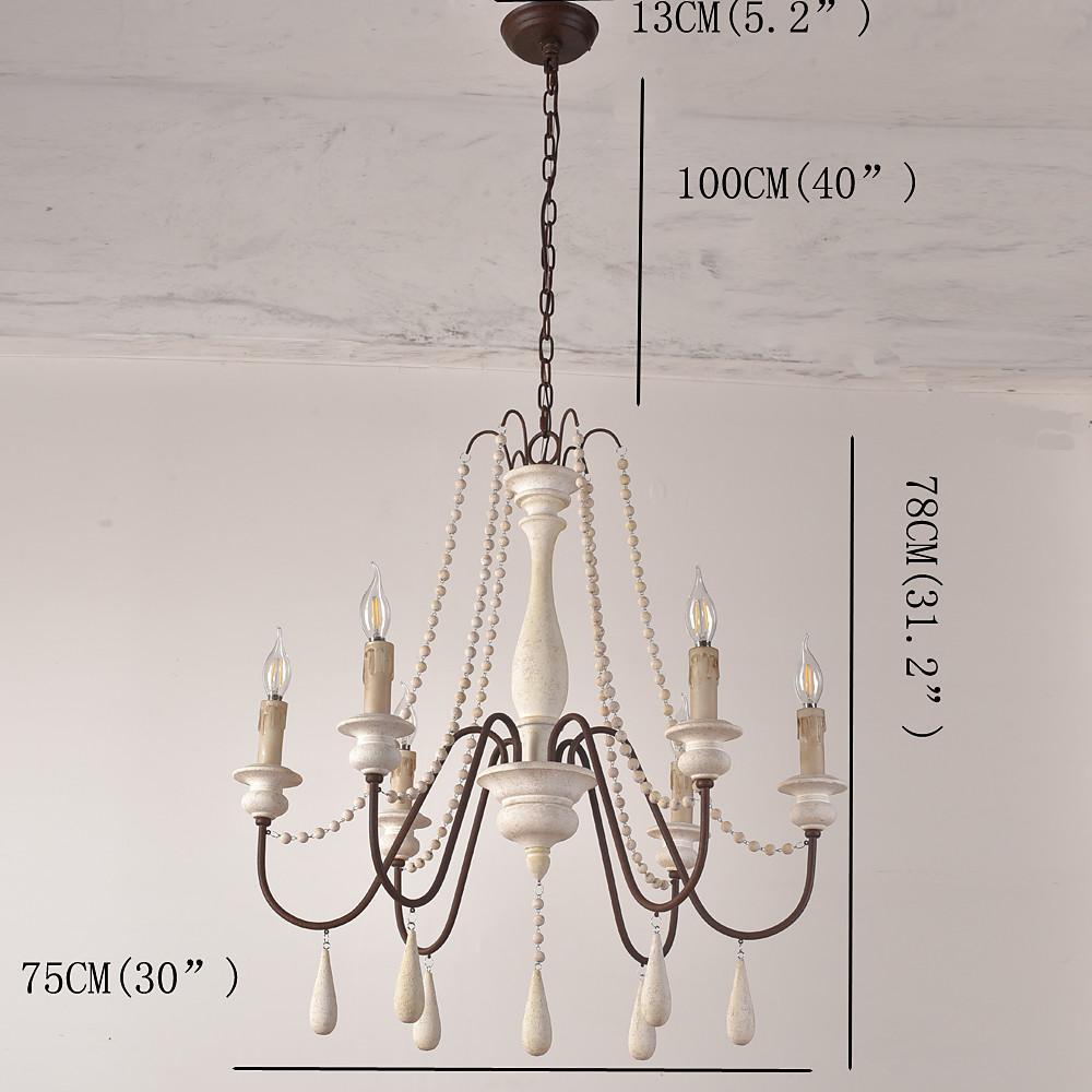 Antique White Wood Bead Chandelier 6 Light Rustic Farmhouse Candle Style Ceiling Pendant Light