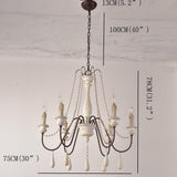 Antique White Wood Bead Chandelier 6 Light Rustic Farmhouse Candle Style Ceiling Pendant Light
