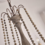 Antique White Wood Bead Chandelier 6 Light Rustic Farmhouse Candle Style Ceiling Pendant Light