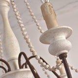 Antique White Wood Bead Chandelier 6 Light Rustic Farmhouse Candle Style Ceiling Pendant Light