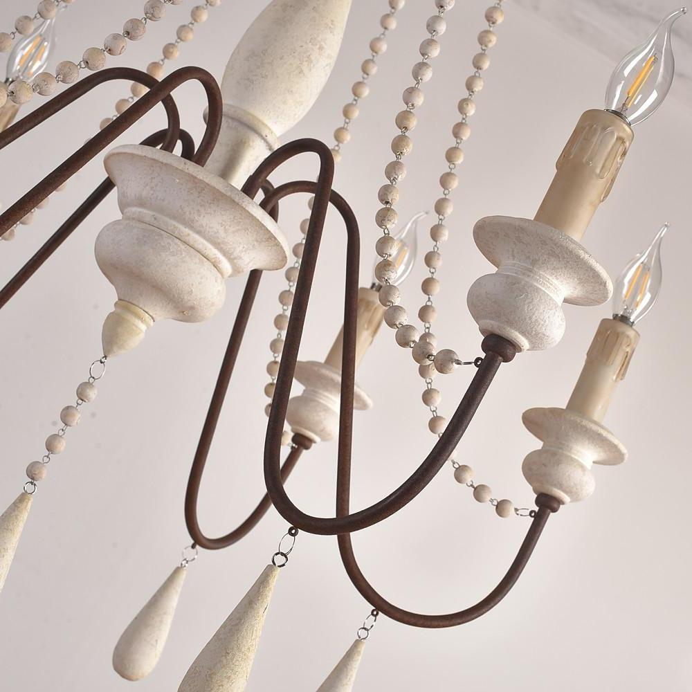Antique White Wood Bead Chandelier 6 Light Rustic Farmhouse Candle Style Ceiling Pendant Light