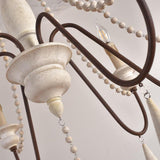 Antique White Wood Bead Chandelier 6 Light Rustic Farmhouse Candle Style Ceiling Pendant Light