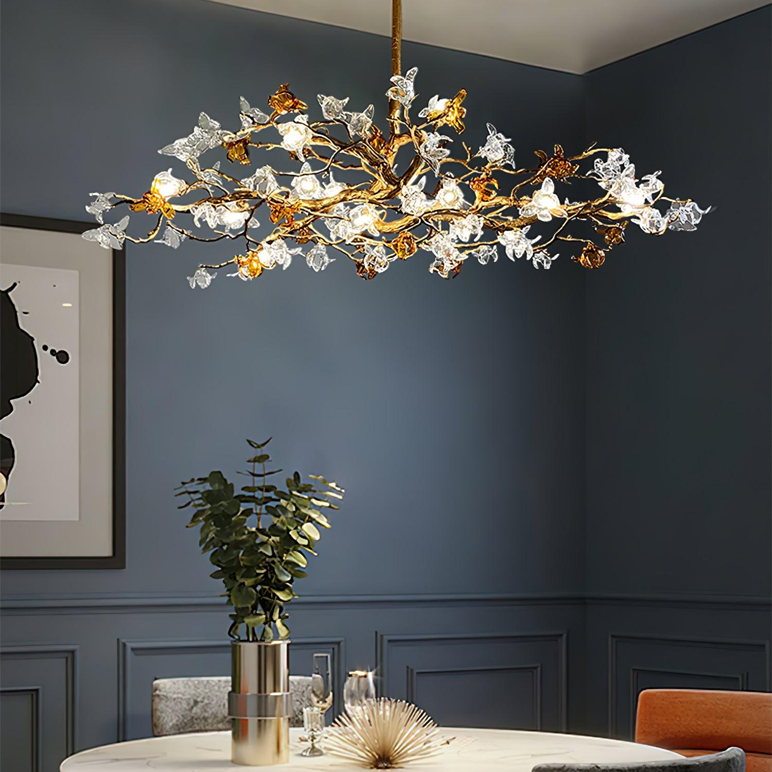 Aosta Crystal Flower Branch Chandelier Brass Luxury Ceiling Light Fixture for Dining Room