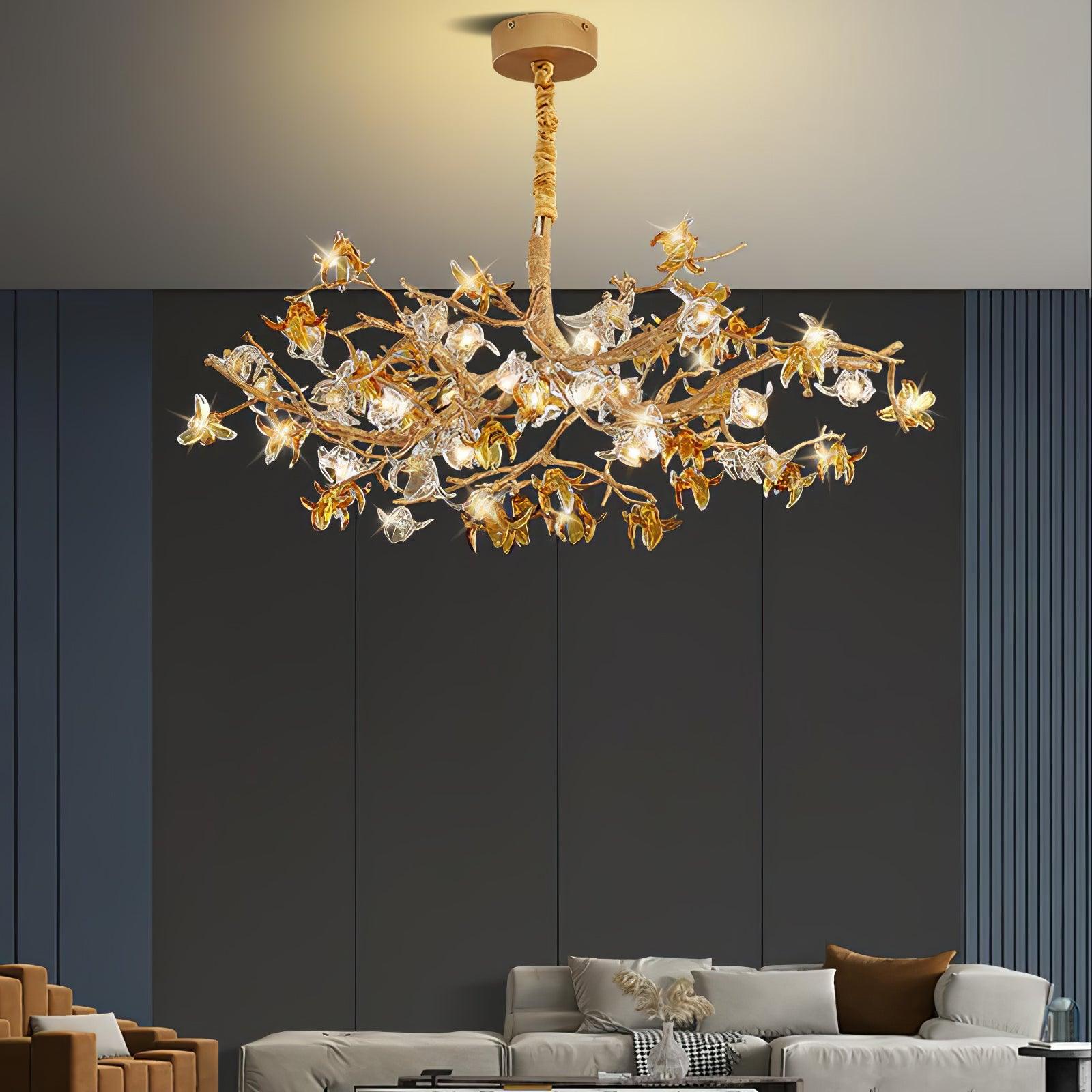 Aosta Crystal Flower Branch Chandelier Brass Luxury Ceiling Light Fixture for Dining Room