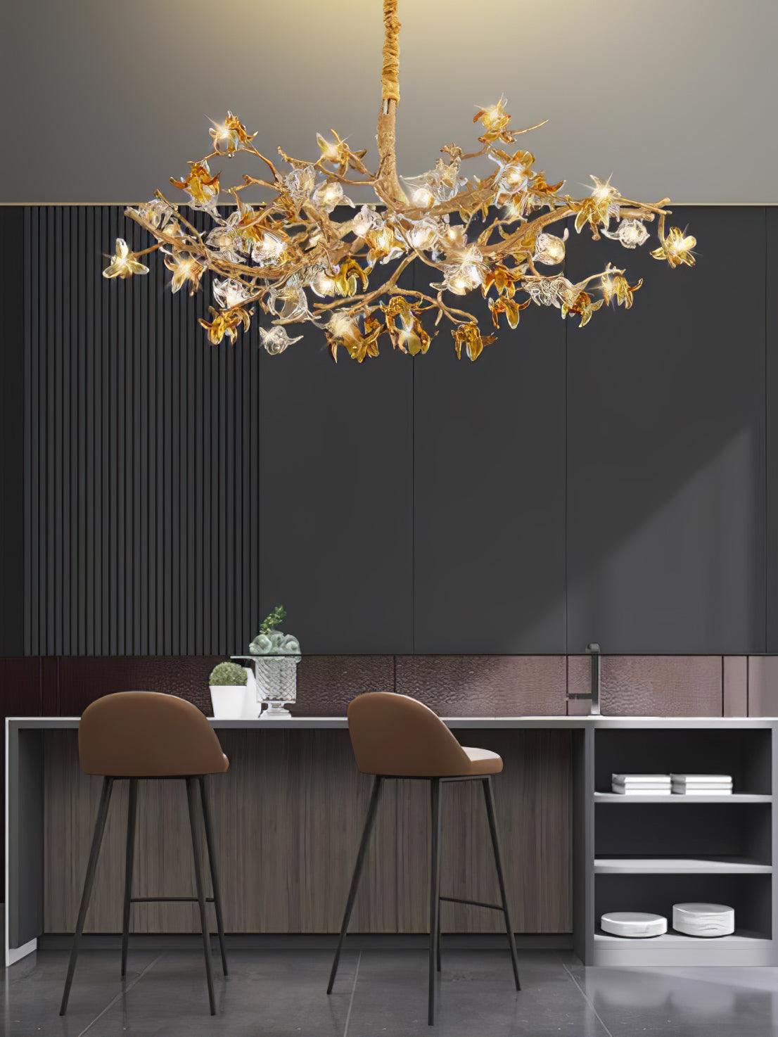 Aosta Crystal Flower Branch Chandelier Brass Luxury Ceiling Light Fixture for Dining Room