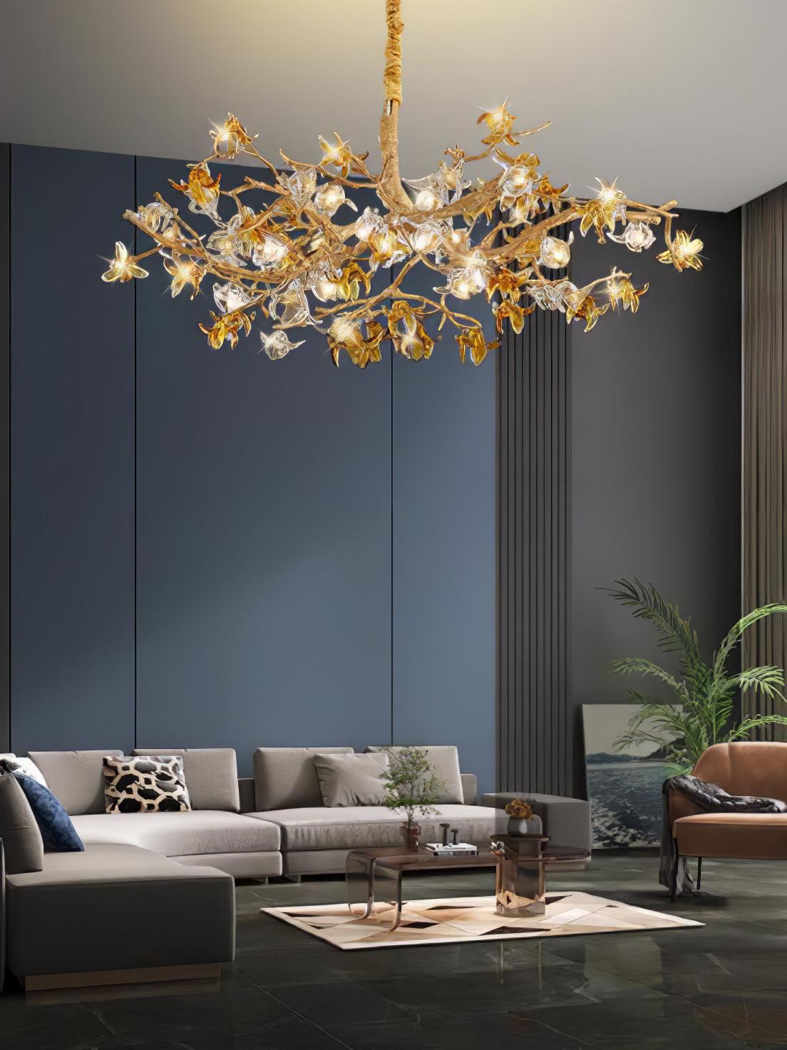 Aosta Crystal Flower Branch Chandelier Brass Luxury Ceiling Light Fixture for Dining Room