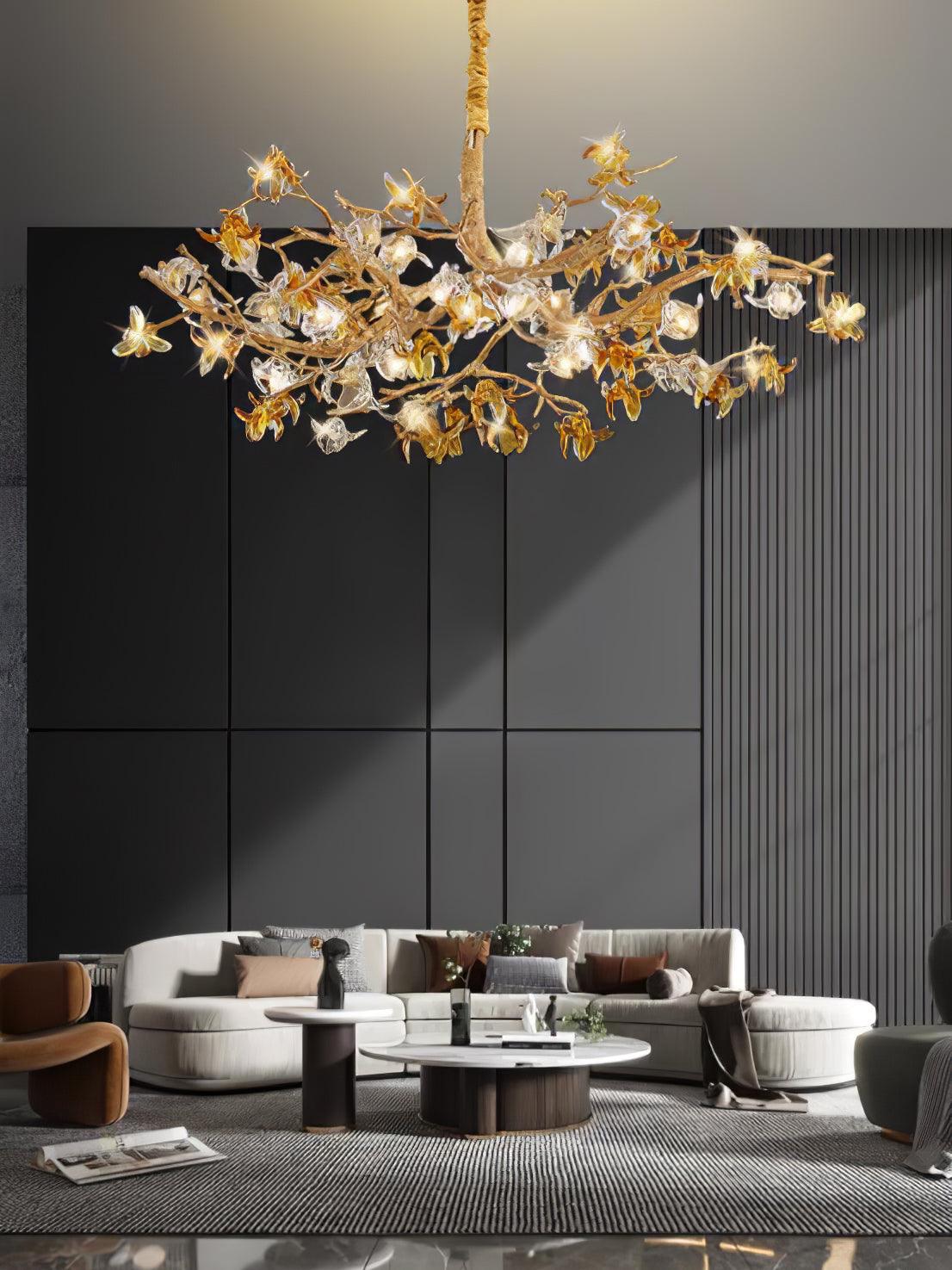 Aosta Crystal Flower Branch Chandelier Brass Luxury Ceiling Light Fixture for Dining Room