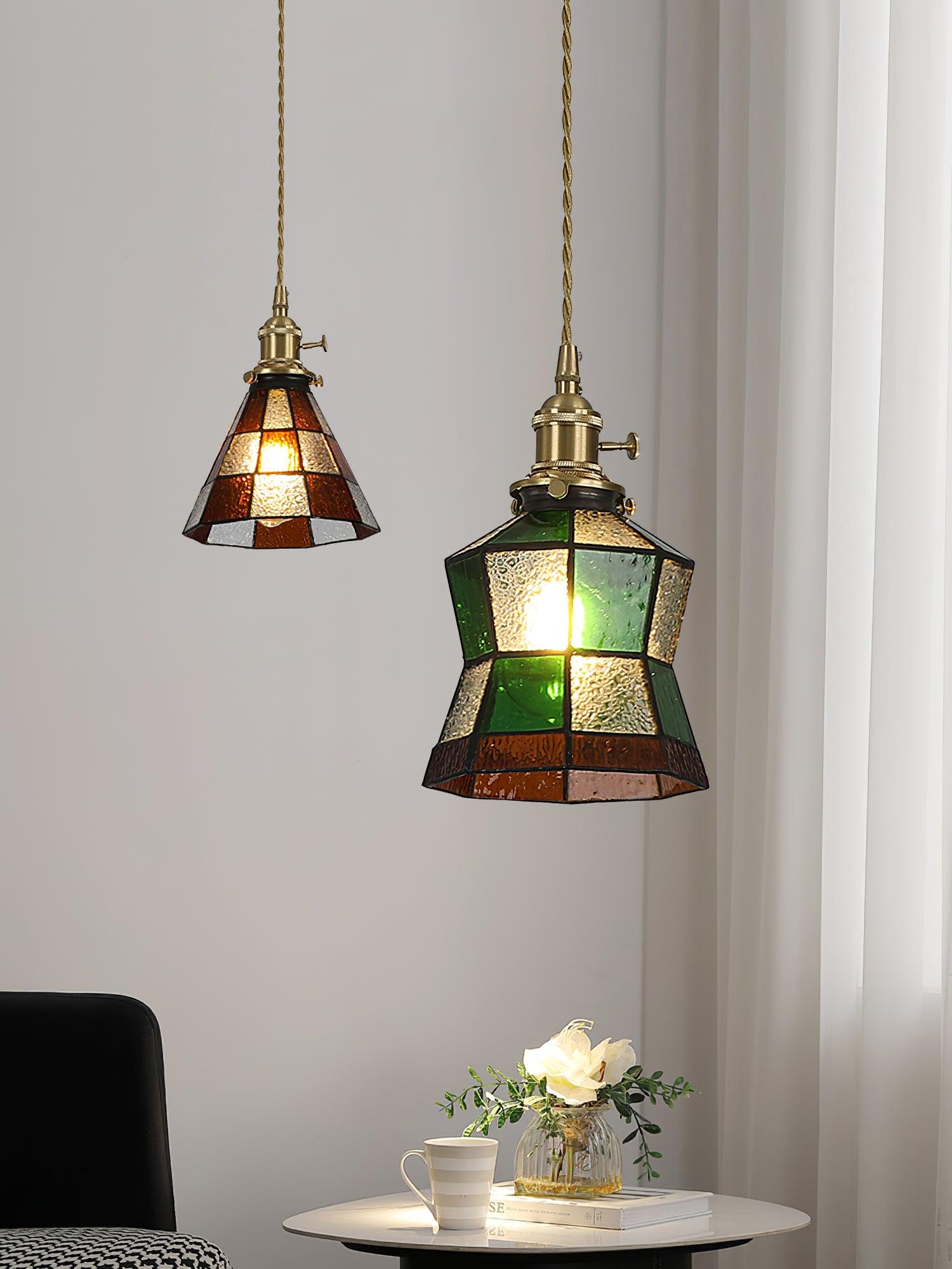 Arabic Style Mosaic Drop Pendant Lamp with Hand Blown Glass and Brass Finish