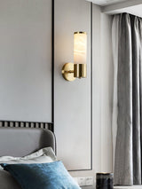 Art Deco Cylinder Alabaster Wall Sconce Luxury Antique Brass Finish Sconce Lighting