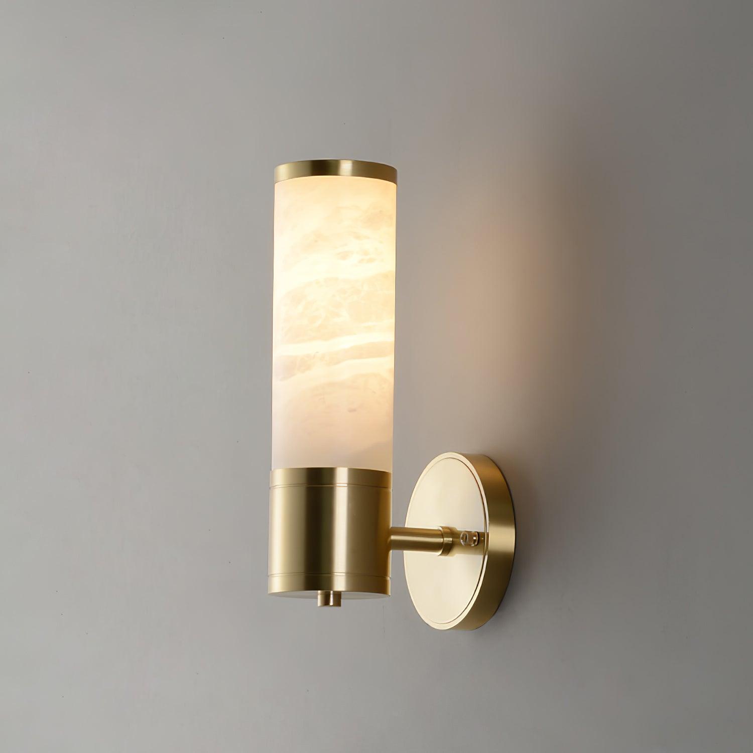 Art Deco Cylinder Alabaster Wall Sconce Luxury Antique Brass Finish Sconce Lighting