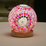 Art Deco Stained Glass Mosaic LED Bedside Lamp with Remote Control and Wooden Base