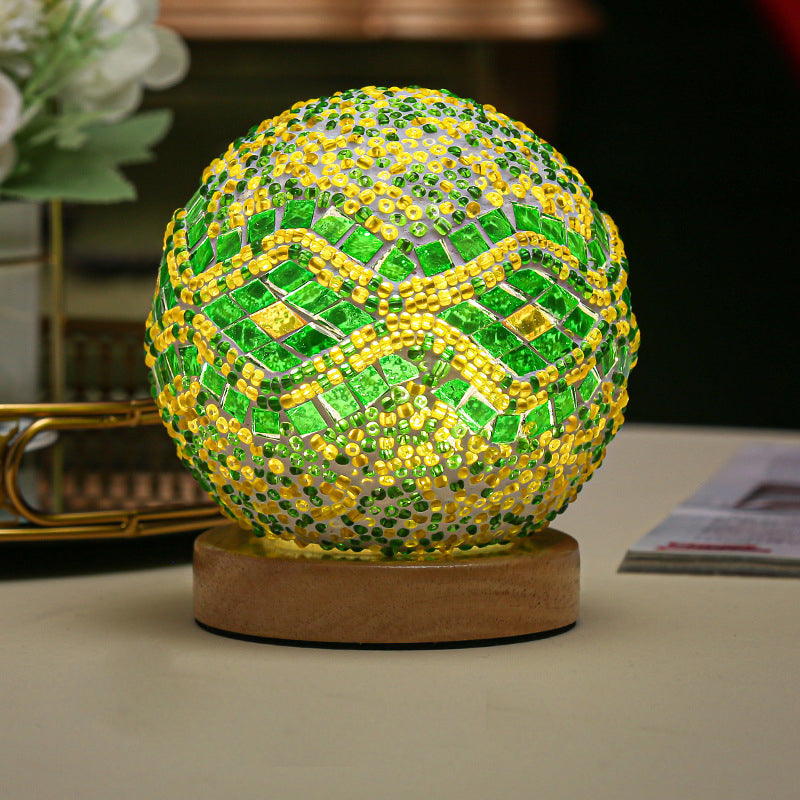 Art Deco Stained Glass Mosaic LED Bedside Lamp with Remote Control and Wooden Base