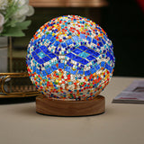 Art Deco Stained Glass Mosaic LED Bedside Lamp with Remote Control and Wooden Base
