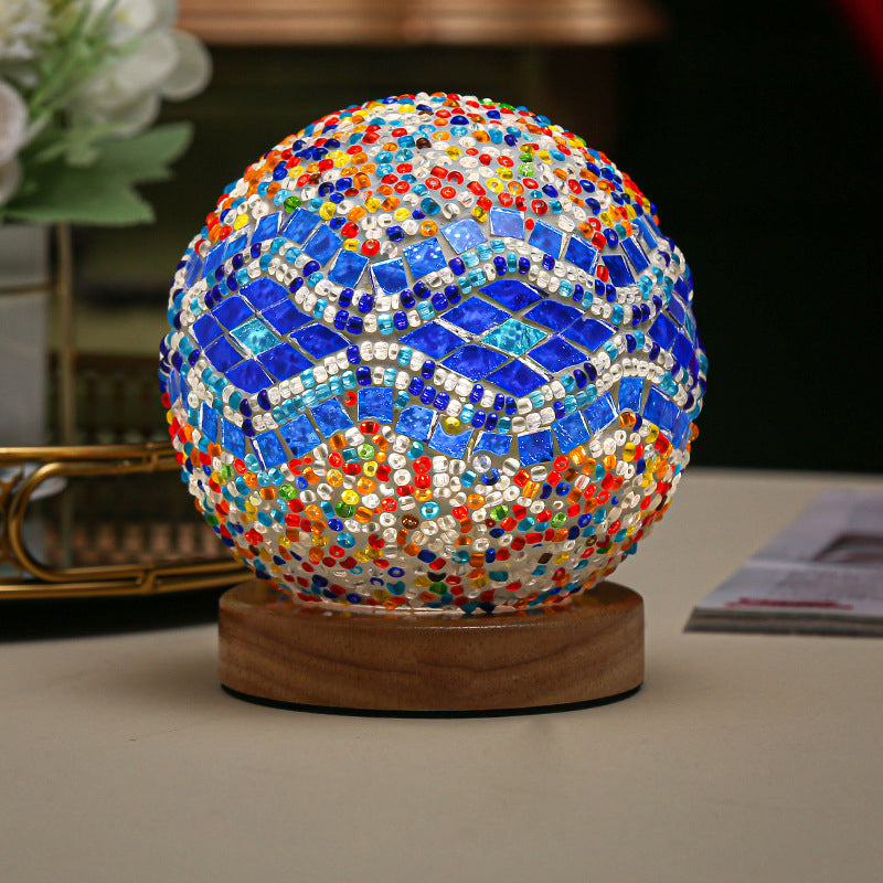 Art Deco Stained Glass Mosaic LED Bedside Lamp with Remote Control and Wooden Base