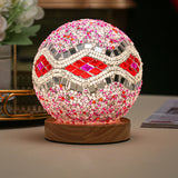 Art Deco Stained Glass Mosaic LED Bedside Lamp with Remote Control and Wooden Base