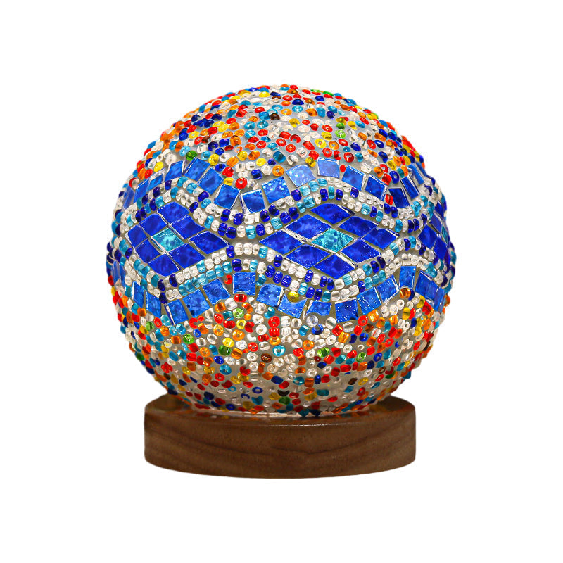 Art Deco Stained Glass Mosaic LED Bedside Lamp with Remote Control and Wooden Base