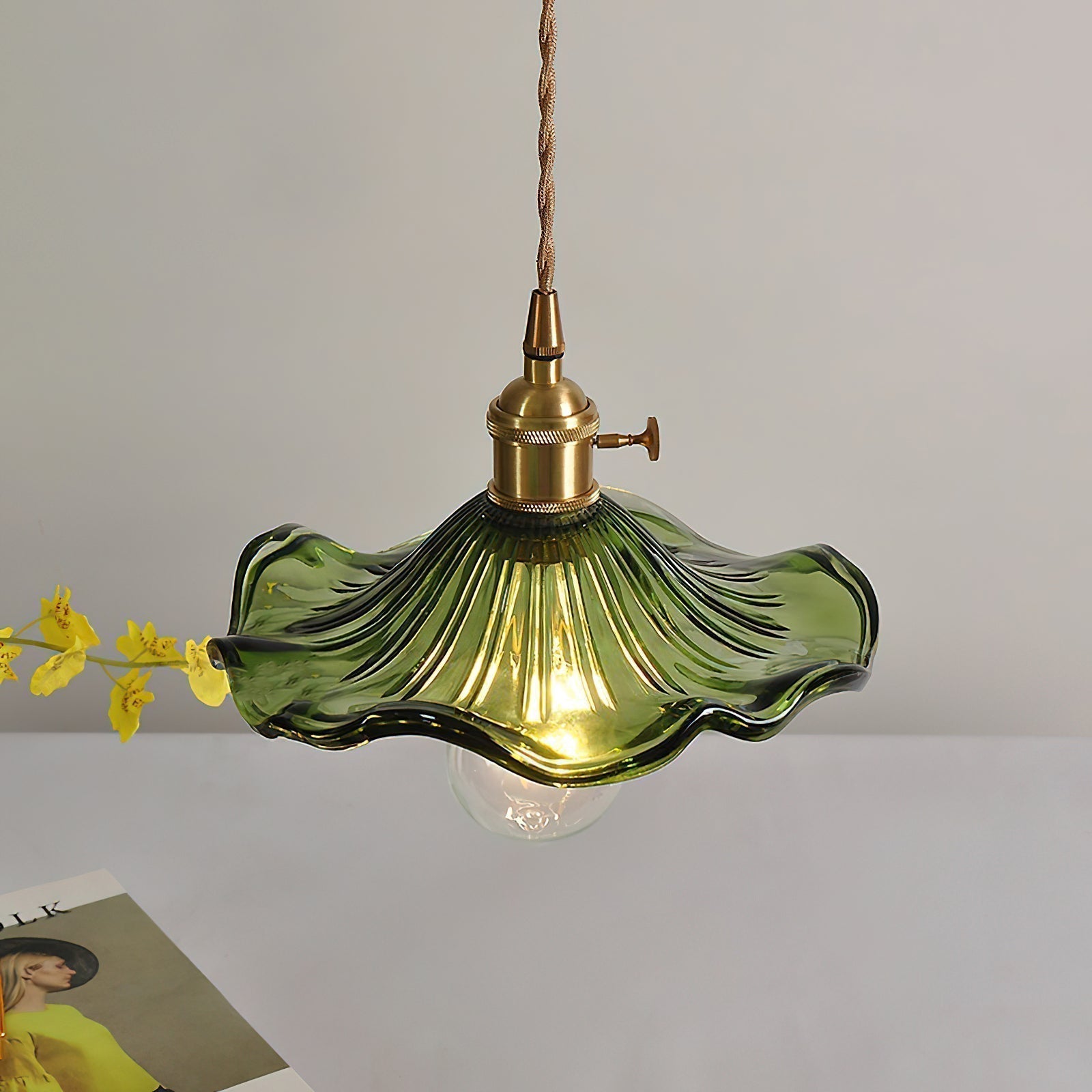 Art Nouveau Glass Hibiscus Flower Swag Pendant Light with Plug for Indoor Decor