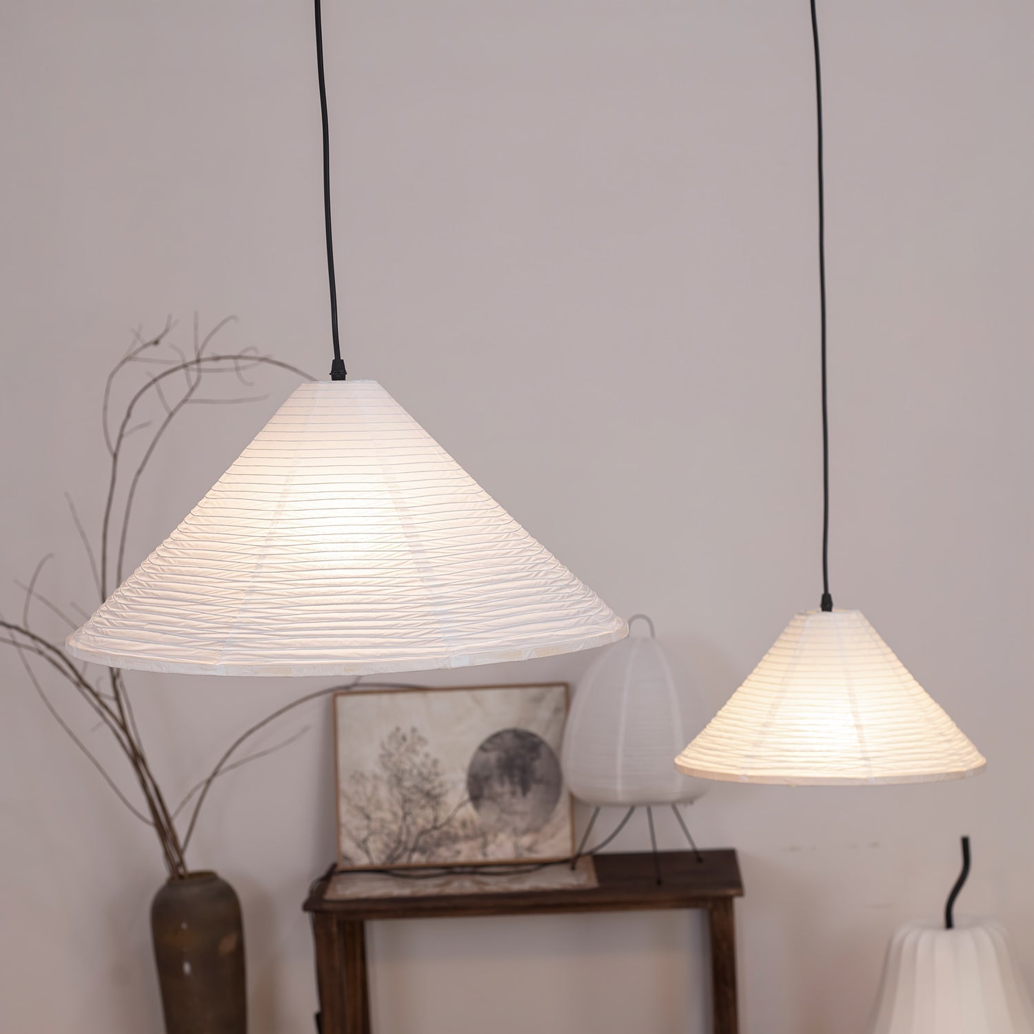 Artisanal Pyramid Washi Paper Pendant Lamp Geometric Japanese Style Hanging Light for Dining Room and Bedroom