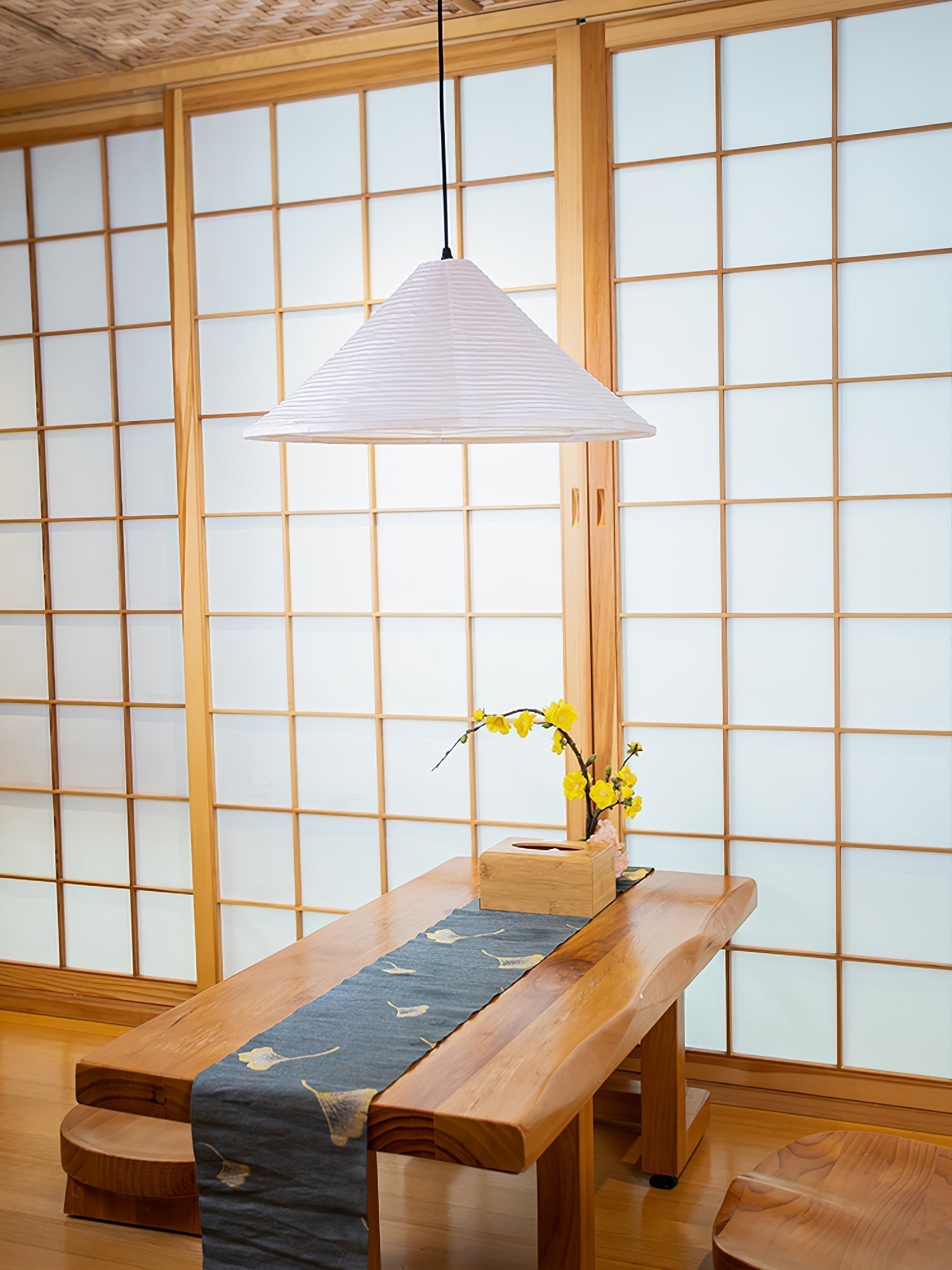 Artisanal Pyramid Washi Paper Pendant Lamp Geometric Japanese Style Hanging Light for Dining Room and Bedroom