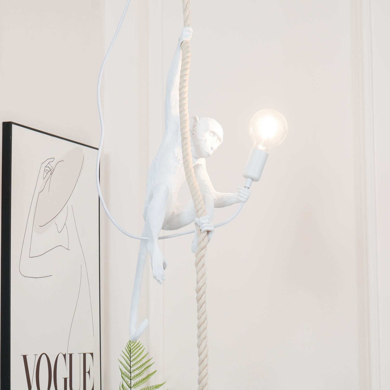 Artistic Monkey Hanging Pendant Lamp Resin Animal Figure Rope Ceiling Light