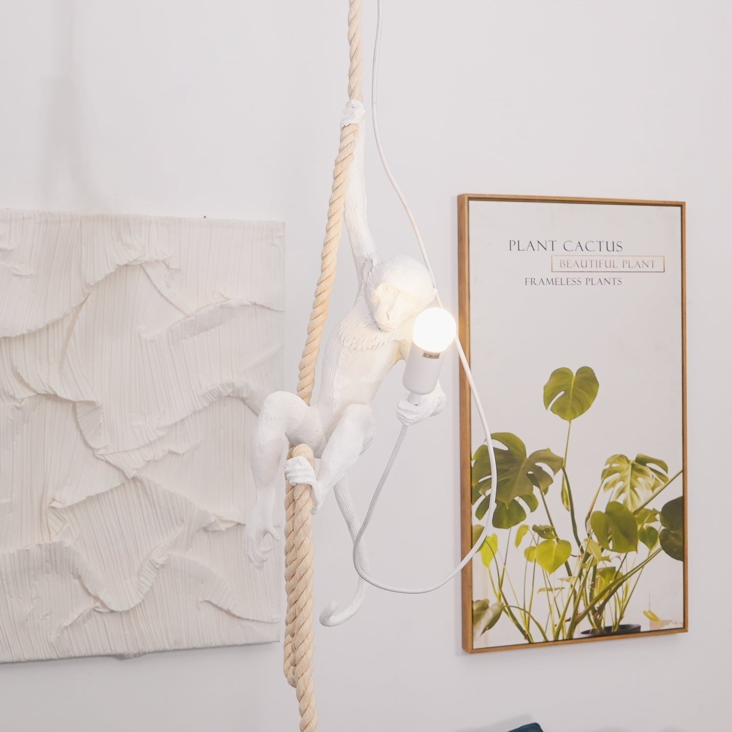 Artistic Monkey Hanging Pendant Lamp Resin Animal Figure Rope Ceiling Light