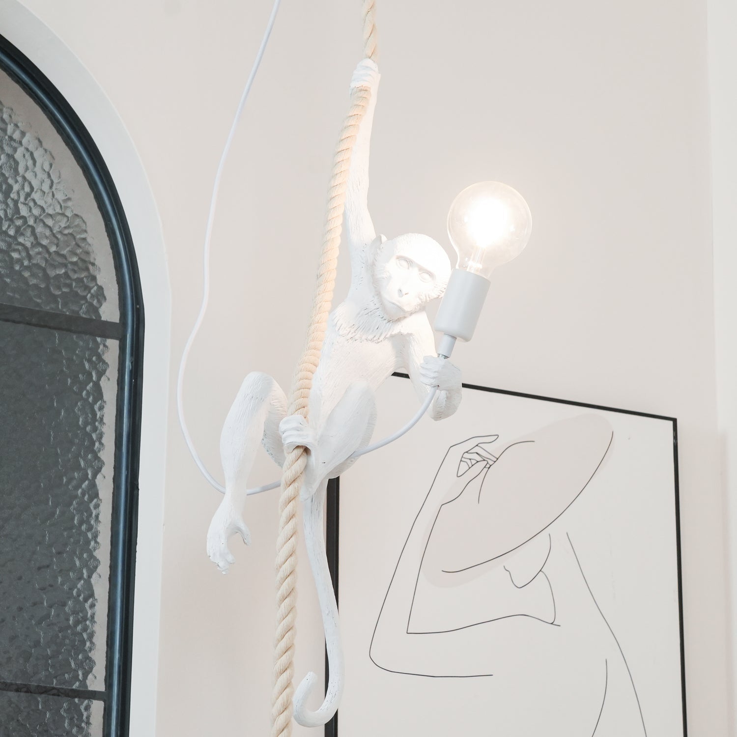 Artistic Monkey Hanging Pendant Lamp Resin Animal Figure Rope Ceiling Light