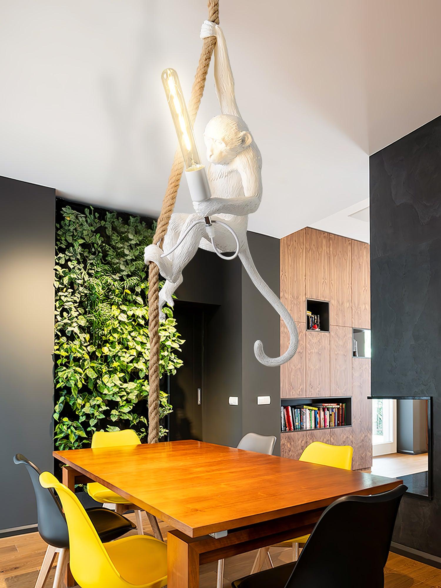 Artistic Monkey Hanging Pendant Lamp Resin Animal Figure Rope Ceiling Light
