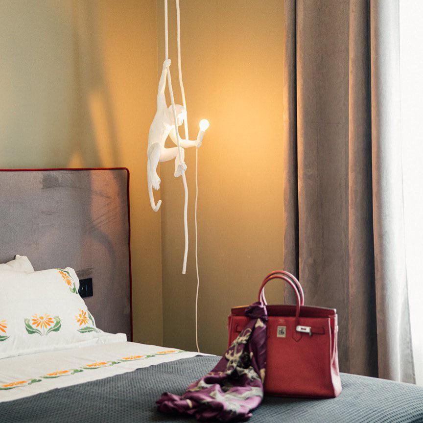 Artistic Monkey Hanging Pendant Lamp Resin Animal Figure Rope Ceiling Light