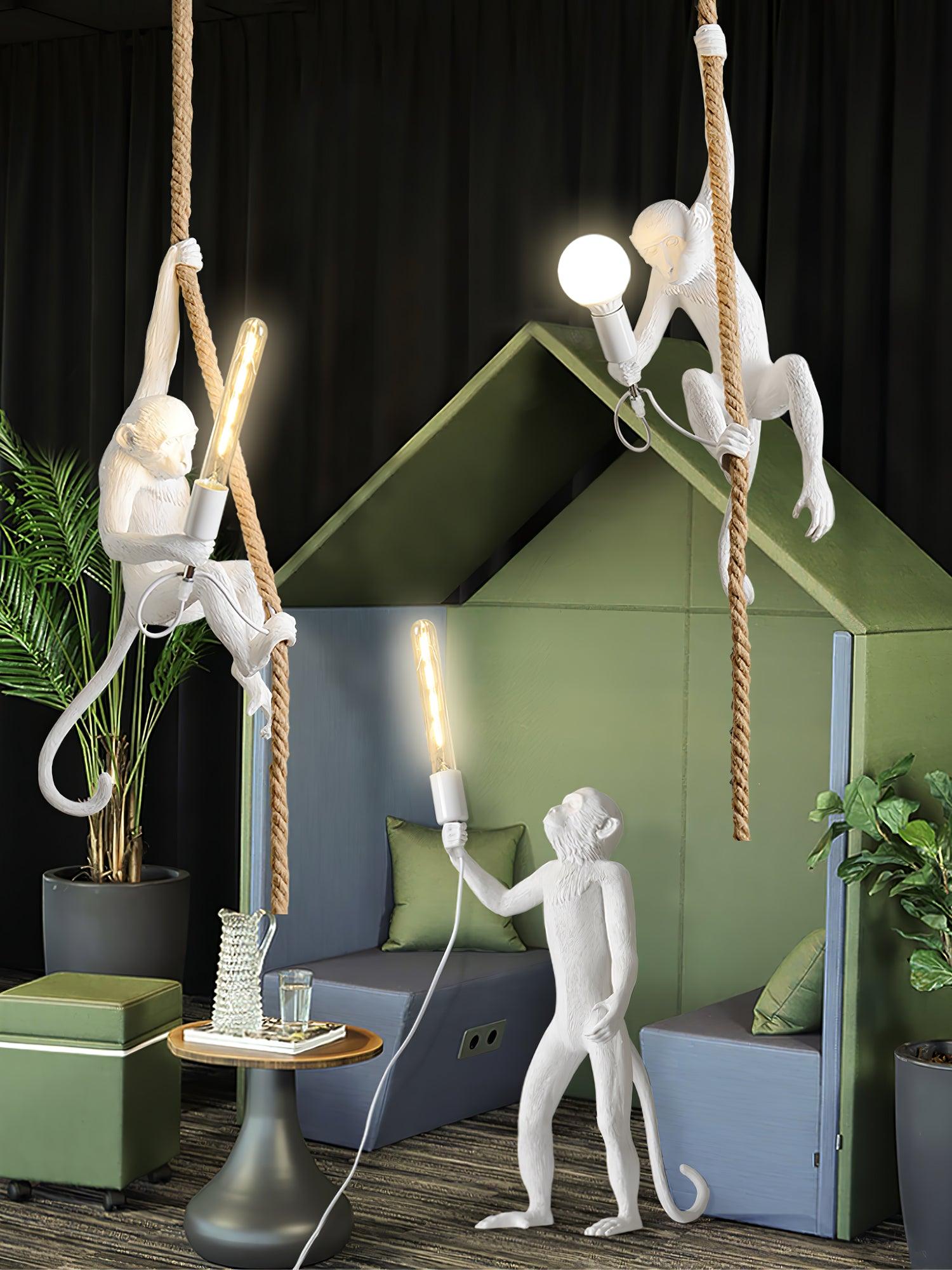 Artistic Monkey Hanging Pendant Lamp Resin Animal Figure Rope Ceiling Light