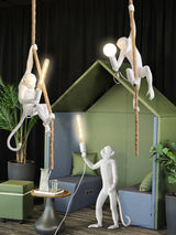 Artistic Monkey Hanging Pendant Lamp Resin Animal Figure Rope Ceiling Light