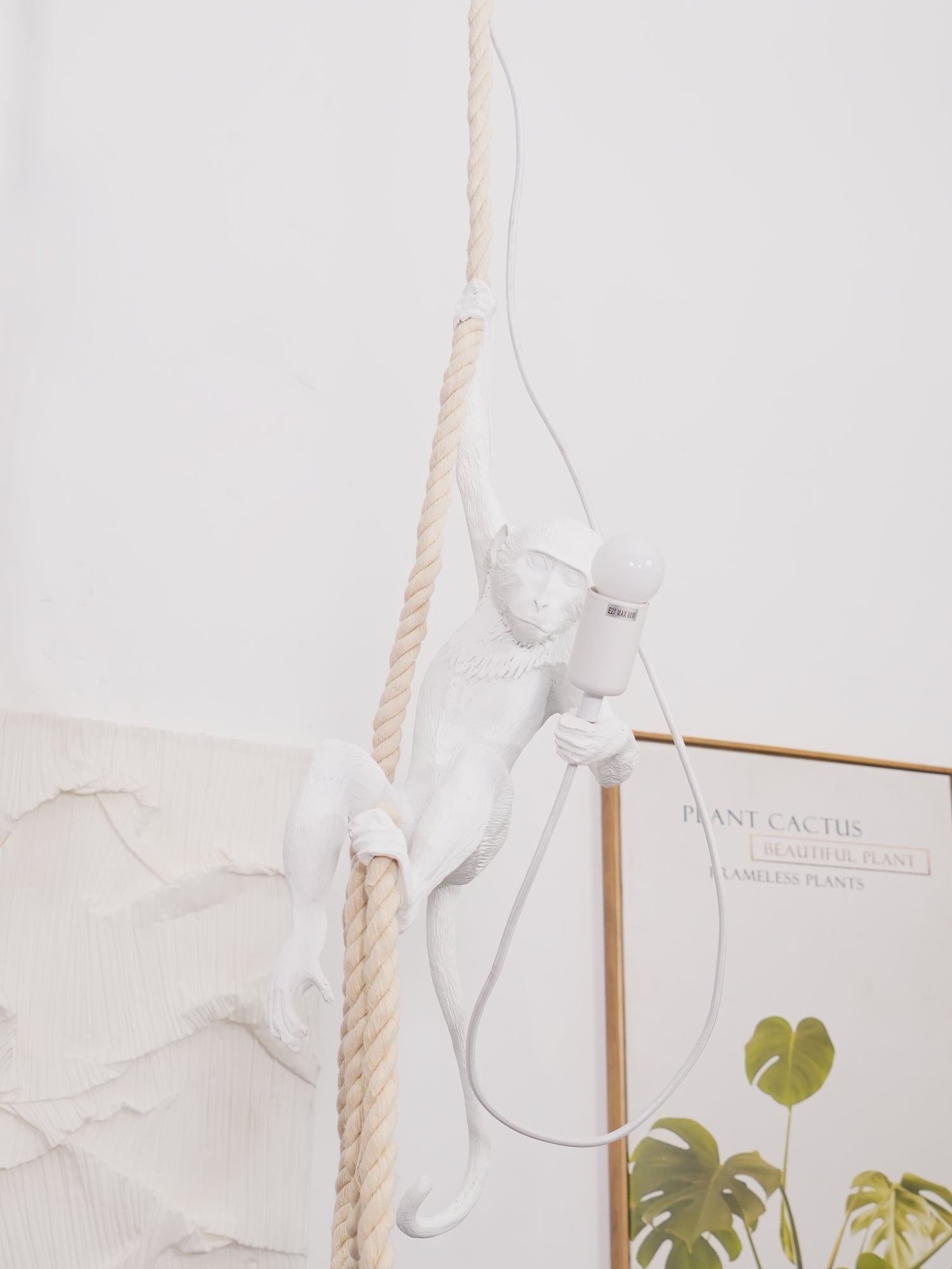 Artistic Monkey Hanging Pendant Lamp Resin Animal Figure Rope Ceiling Light