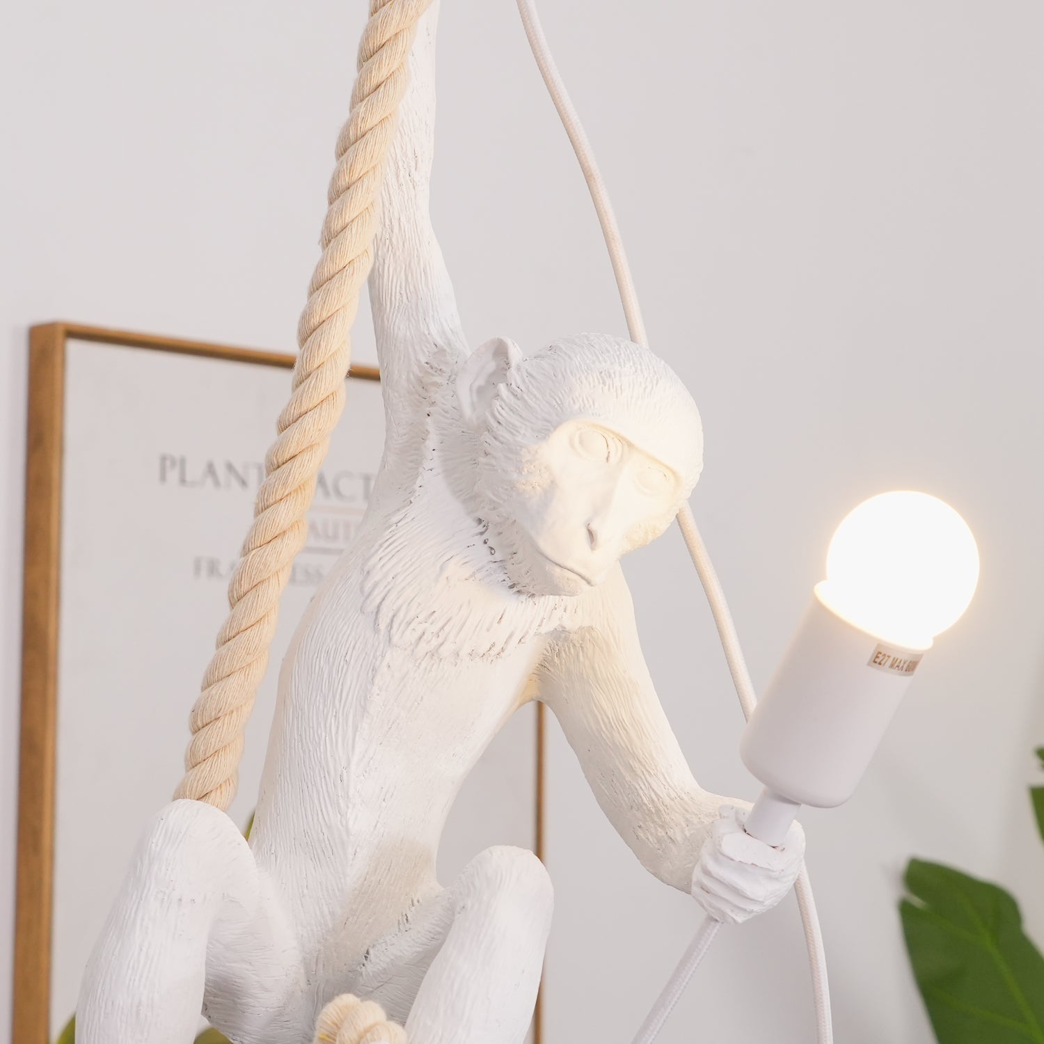 Artistic Monkey Hanging Pendant Lamp Resin Animal Figure Rope Ceiling Light