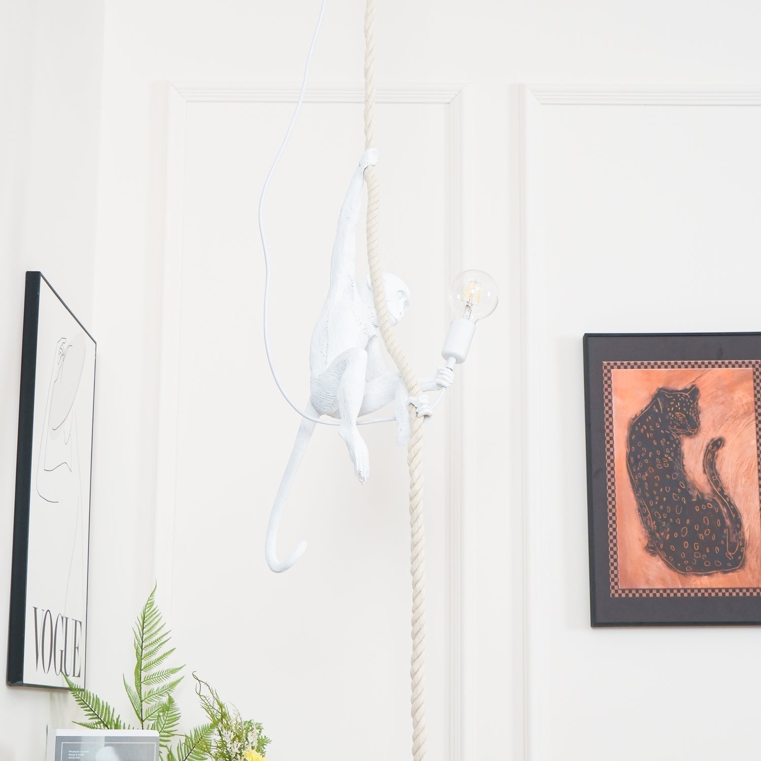 Artistic Monkey Hanging Pendant Lamp Resin Animal Figure Rope Ceiling Light