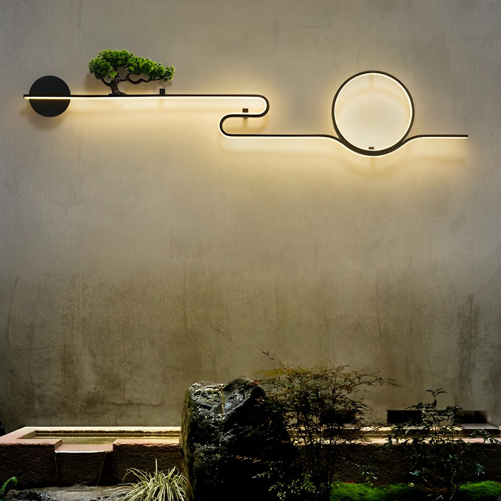 Artistic Moon and Tree Design Outdoor LED Wall Sconce Waterproof Black Exterior Lighting