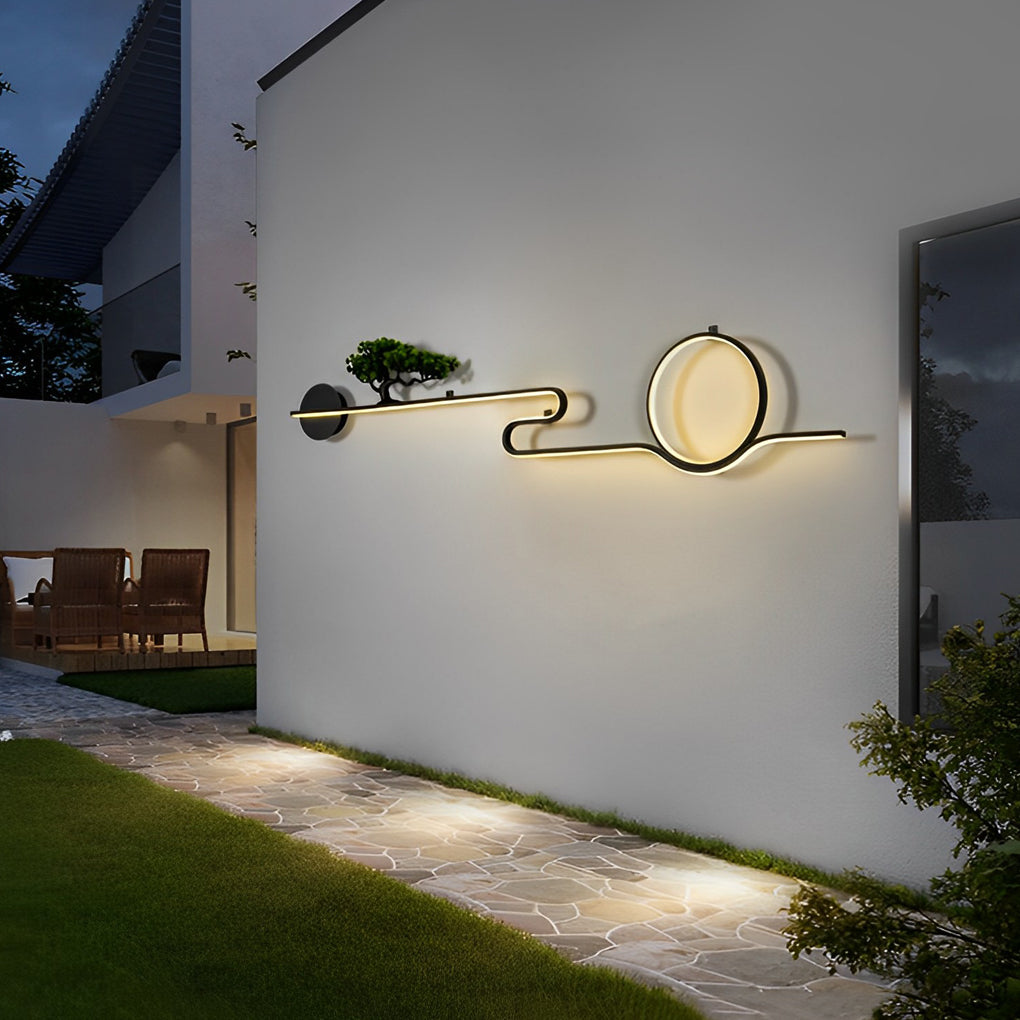 Artistic Moon and Tree Design Outdoor LED Wall Sconce Waterproof Black Exterior Lighting