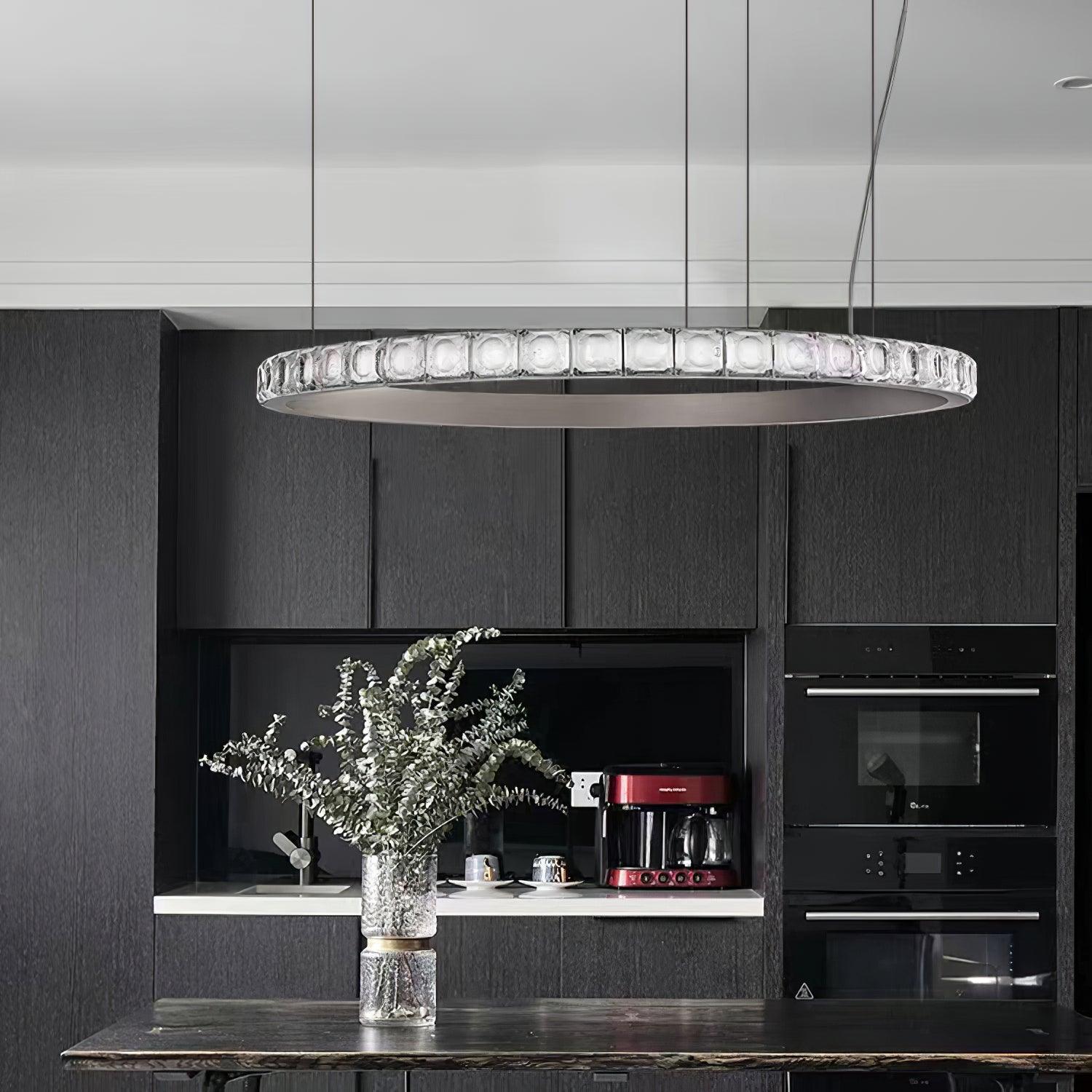 Aura Ring LED Chandelier Satin Silver Circular Pendant Light with Clear Glass Diffusers