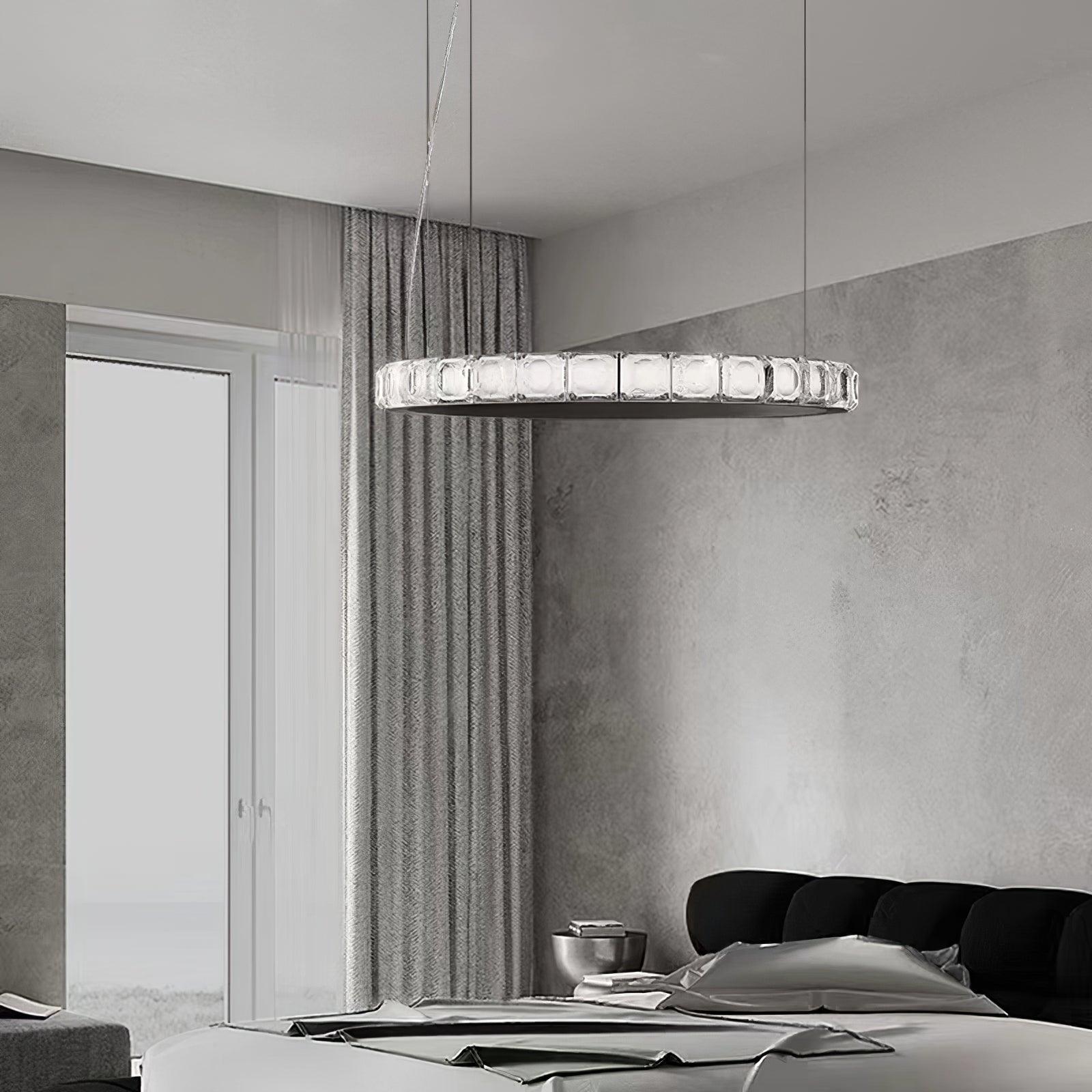 Aura Ring LED Chandelier Satin Silver Circular Pendant Light with Clear Glass Diffusers