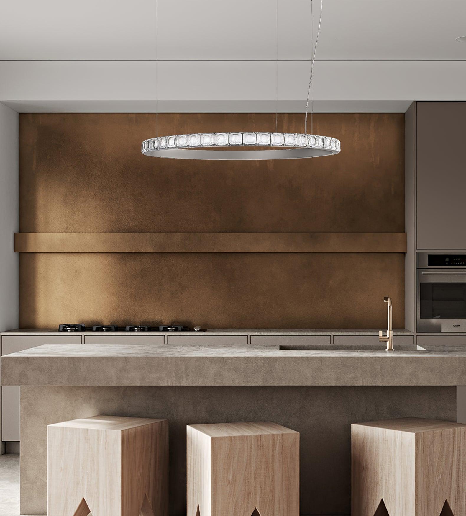 Aura Ring LED Chandelier Satin Silver Circular Pendant Light with Clear Glass Diffusers
