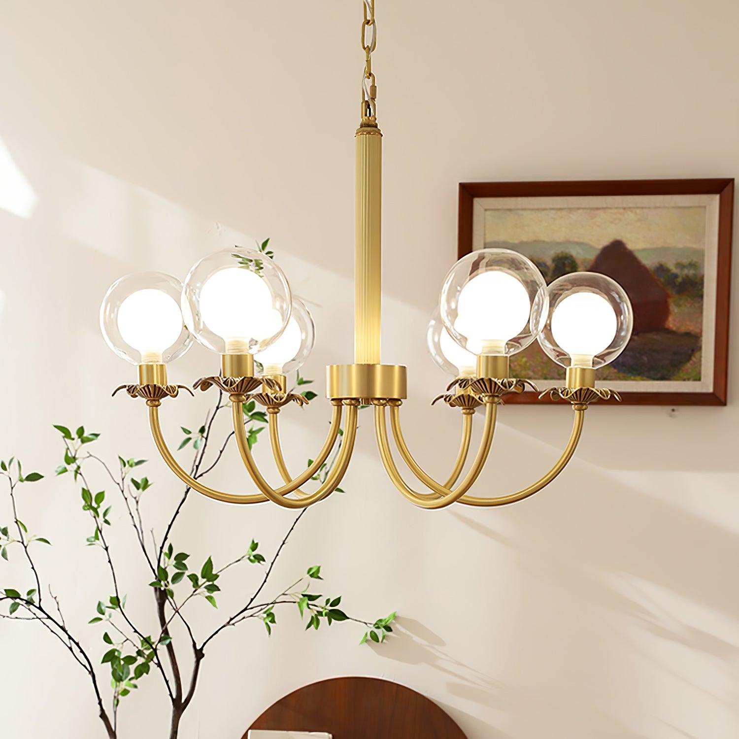 Aureate Radiance Glass Globe Branch Chandelier Elegant Brass Pendant Lighting