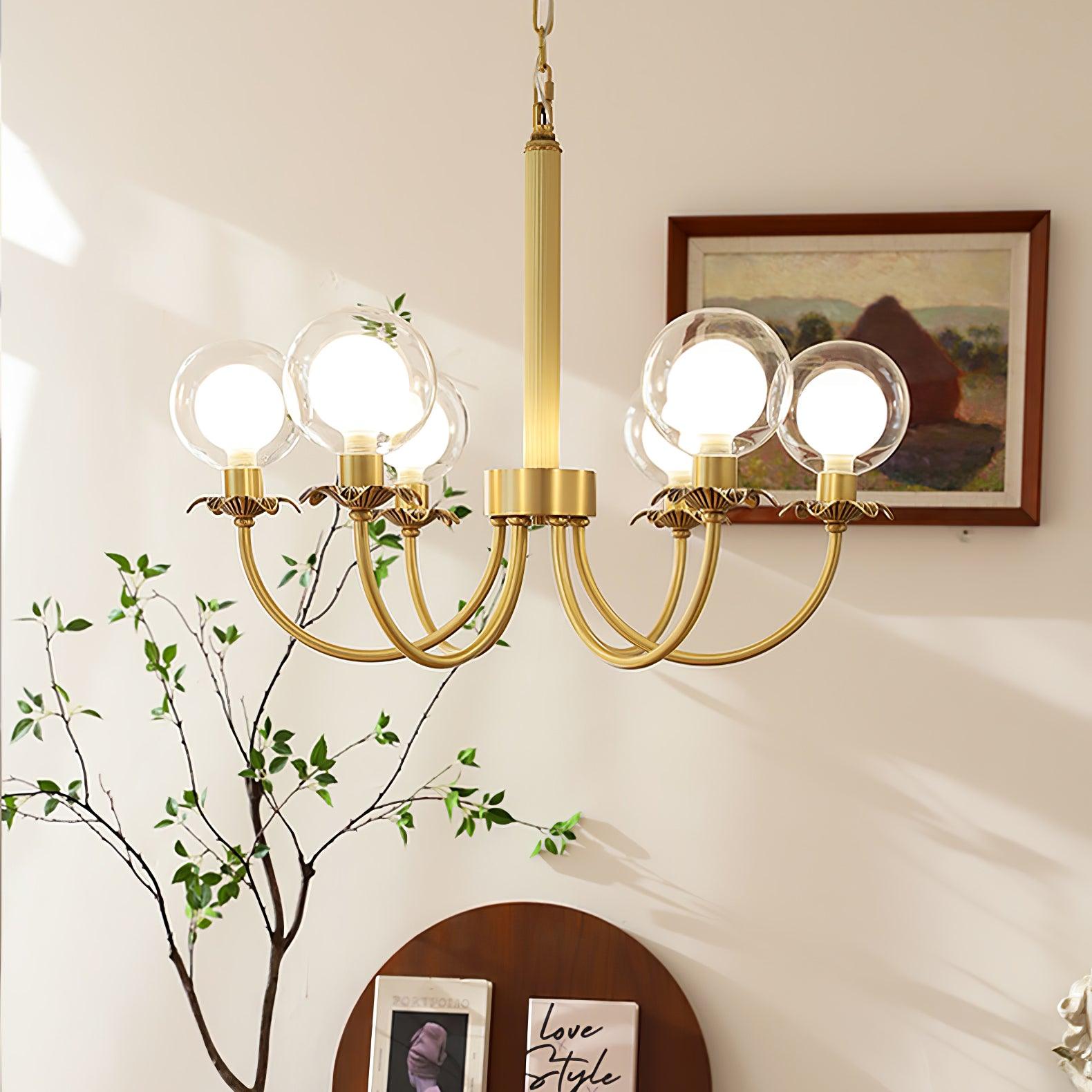 Aureate Radiance Glass Globe Branch Chandelier Elegant Brass Pendant Lighting