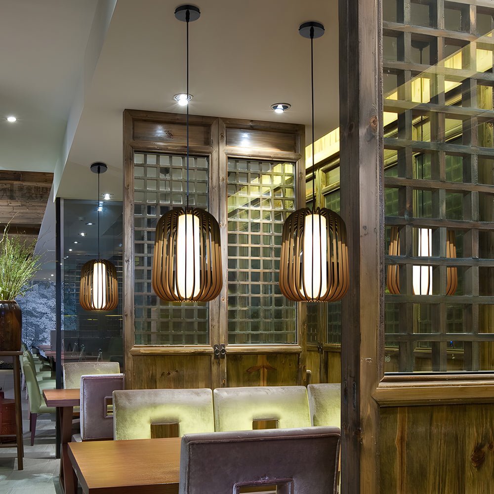 Basswood Japanese Lantern Pendant Light Minimalist Wood Fabric Shade LED Chandelier for Home Decor