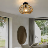 Beige Hand Woven Rope Cage Pendant Light Retro Minimalist Semi Flush Mount Ceiling Fixture