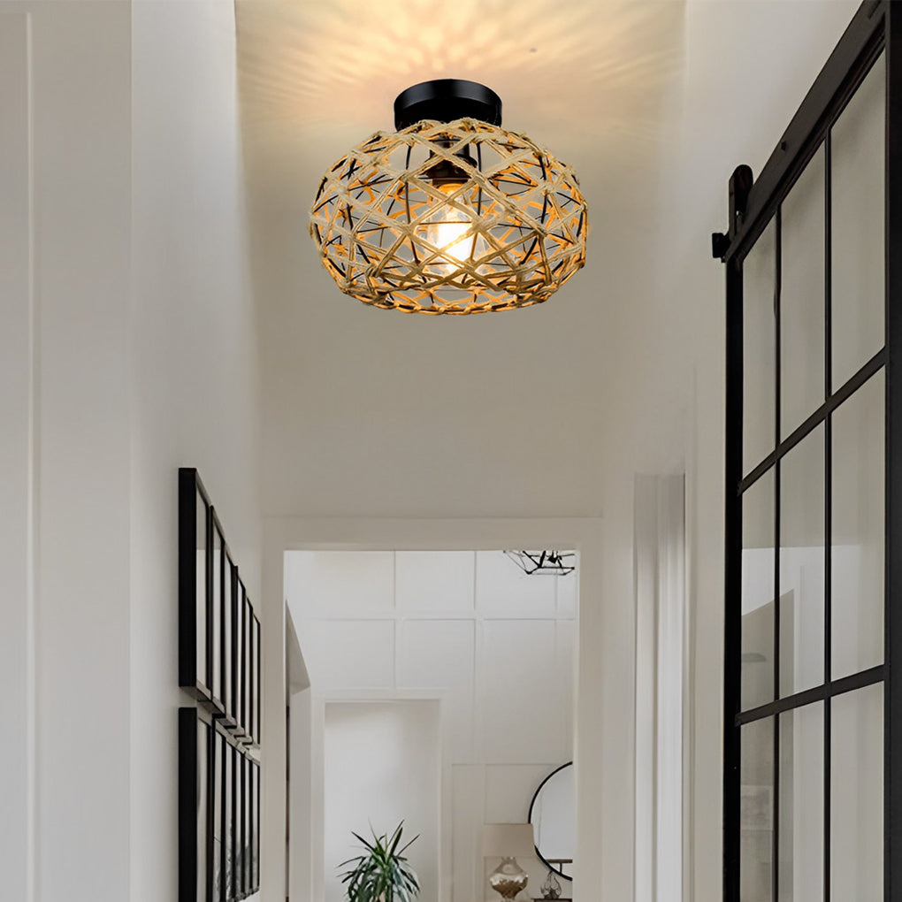 Beige Hand Woven Rope Cage Pendant Light Retro Minimalist Semi Flush Mount Ceiling Fixture