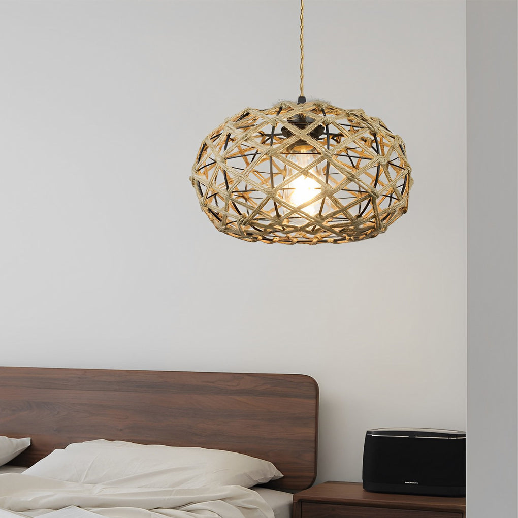 Beige Hand Woven Rope Cage Pendant Light Retro Minimalist Semi Flush Mount Ceiling Fixture