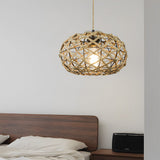 Beige Hand Woven Rope Cage Pendant Light Retro Minimalist Semi Flush Mount Ceiling Fixture