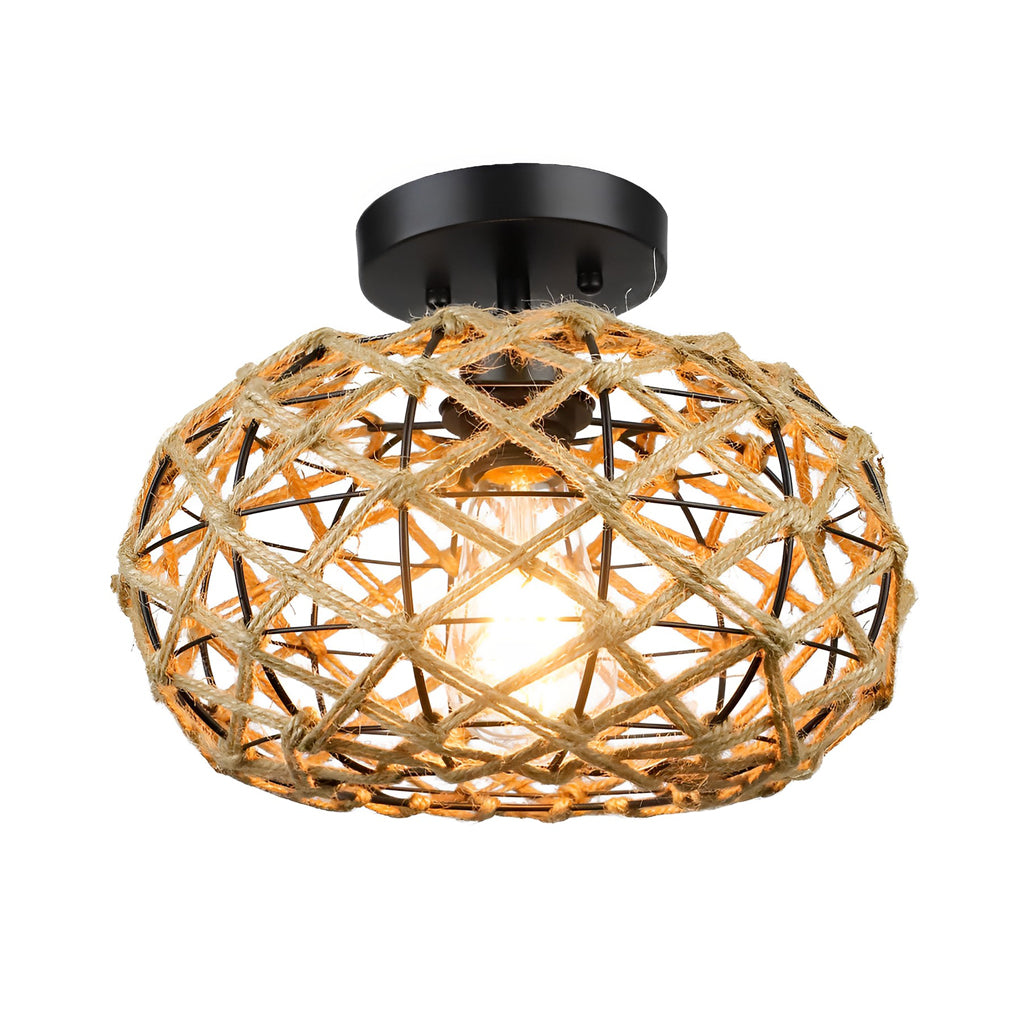 Beige Hand Woven Rope Cage Pendant Light Retro Minimalist Semi Flush Mount Ceiling Fixture