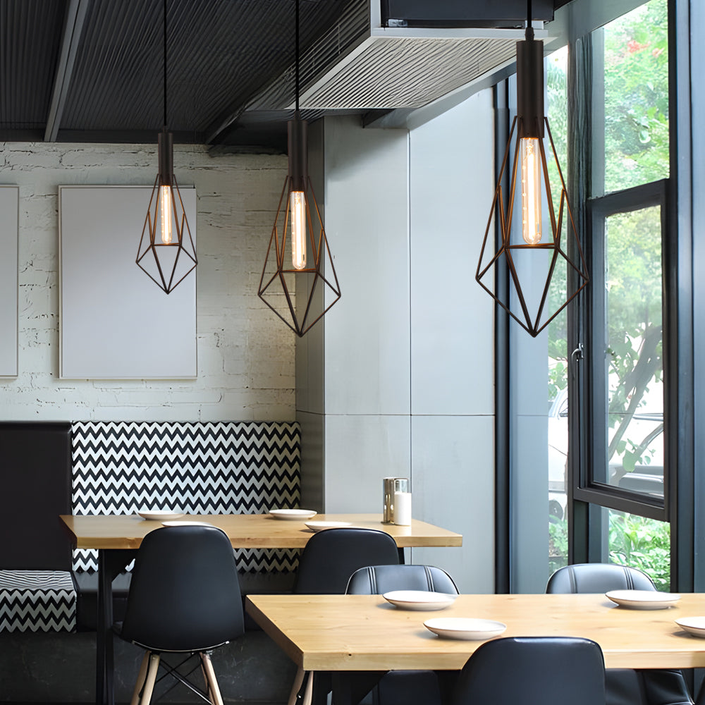 Black Geometric Iron Cage Pendant Light Industrial Retro Style Chandelier