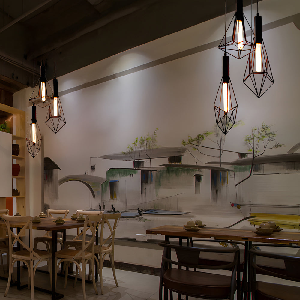 Black Geometric Iron Cage Pendant Light Industrial Retro Style Chandelier