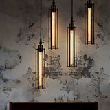 Black Iron Flute Retro Industrial Style Hanging Light Fixture with Tungsten Filament Bulb